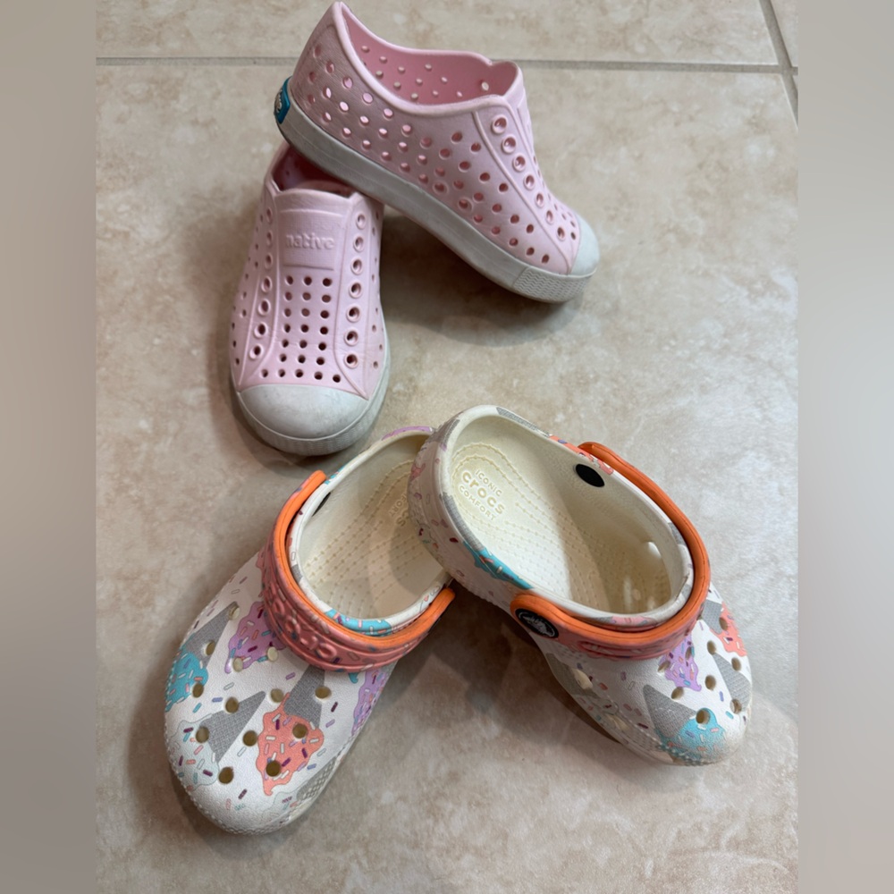 Toddler Girl Shoe Bundle- Colorful Crocs and Native Pink Pair
